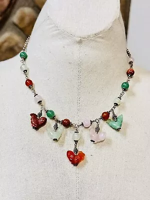 Vintage Sterling Silver Jade? Rooster Charm Necklace • $99