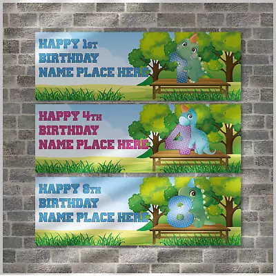 2 Personalised Happy Birthday Cute Dinosaur Banners- Ages 1 - 9 Years - Boy/girl • £3.69