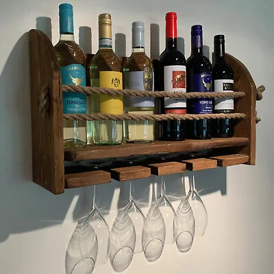Wine Rack - Wall Mounted Rustic Wine And Spirits Bar Holds 6 Bottles/4 Glasses • £46.99