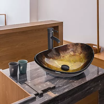 £69.99 • Buy Bathroom Countertop Basin Set Tempered Glass Wash Sink Boat Shape Bowl Gold UK