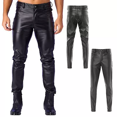 US Mens Faux Leather Pants Slim Fit Moto Biker Trousers Wet Look Party Clubwear • $19.80