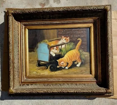 Vintage Cats  Painting  Oil On Wood Panel Imagen 12 X16 In Condition No Signed  • $230