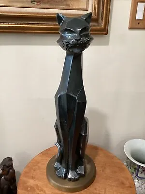 Vintage Modern Art Deco Cubist Black Cat Sculpture On Brass Base Artist Signed  • $800