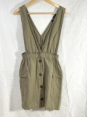 Zara Jumper Dress Womens Size Small Linen Green Khaki Utility Sleeveless Pockets • £8.03