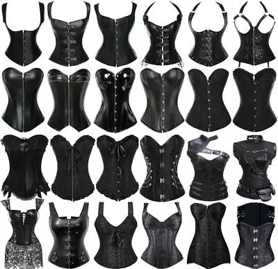 Women Black Overbust Boned Corset Ladies Burlesque Basque Top Lace-Up Costume • £9.79