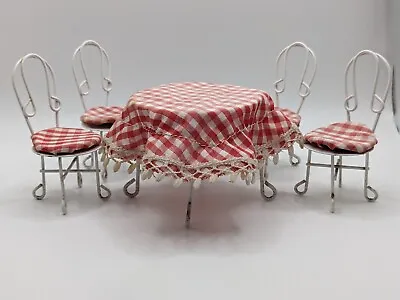 Doll Furniture Mini Bistro White Metal Table 4 Chairs Red Gingham Tablecloth • $9.49