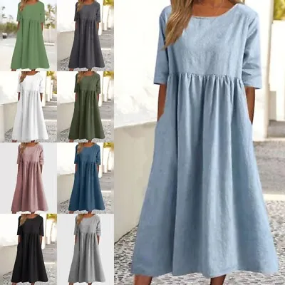 Womens Linen Short Sleeve Midi Dress Ladies Casual Baggy Solid Pleated Dress AU • $29.68