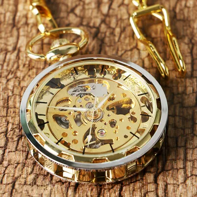 Men's Mechanical Pocket Watch Hand Winding Open Face Golden Pendant Chain Gifts • $15.85