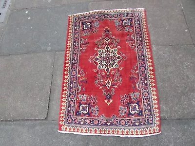 Vintage Hand Made Traditional Rug Oriental Wool Red Small Rug 115x70cm • £95