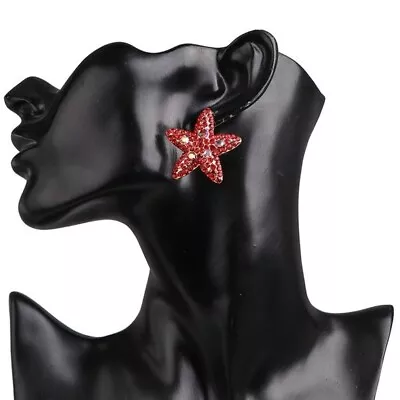 Red Rhinestone Large Starfish Star Gold Tone Stud Earrings • $22