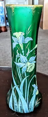  Mont Joye Legras Green Satin Art Glass Vase Art Nouveau Enameled Flowers 12  • $80