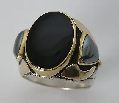 Vtg. 14K 18K Gold Sterling Oval Black Onyx Trillion Hematite Ring By Lionheart • $349.99