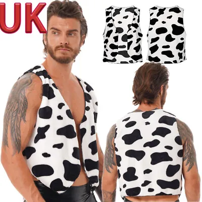 UK Men Dress Up Cow Print Vest Open Front Short Coats Vintage Hippie Costume Top • £15.35