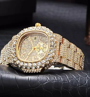 Mens Luxury 18K Gold Big Cluster CZ Bezel Fully Iced Watch  • £63.56