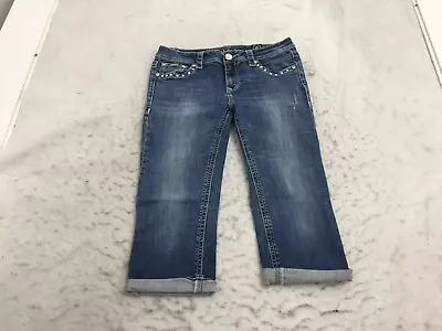 LA Idol Capri Jeans Juniors 11 W 33 L 18 Blue Tribal Rhinestone Med. Rolled • $13.99