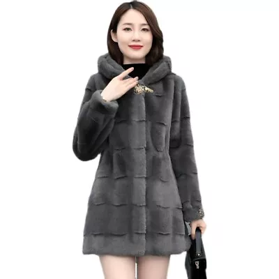 Womens Mid Long Stand Collar Real Fur Coat Mink Fur Jackets Hooded Outwear 4XL • $217.26