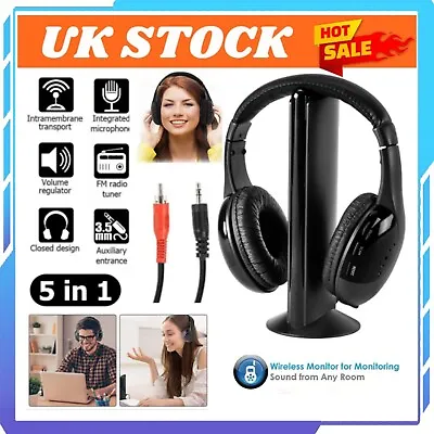 5 In 1 Cordless Headphones Wireless Earphone FM Radio TV Headset Wired Headphone • £13.49