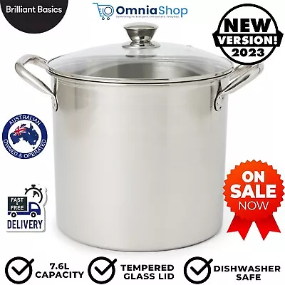 7.6L Stainless Steel Stockpot Large Cooking Kitchen Stock Pot Tempered Glass Lid • $35.97