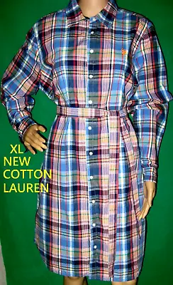 NEW XL 16 Plaid POLO Logo COTTON Shirt Dress Madras Belt Equestrian • $54.21