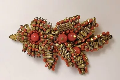 Miriam Haskell Faux Coral Glass Flower Brooch W/ Seed Beads • $152.50