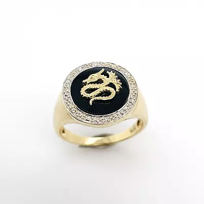 Unisex Onyx & Diamond Dragon Signet Ring 9ct Yellow Gold Size U 4.7g Preloved • $755
