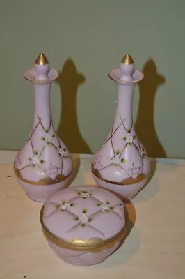 Vintage Vanity 3 Piece Set Pink & Gold Flowers 2 Perfume Bottle & Round Box Pink • $25