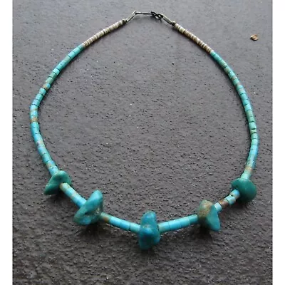 Vintage Native Southwestern Sterling Silver Turquoise Heishi Bead Necklace • $89