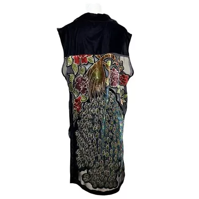 Vintage Peacock Duster Velvet Burnout Beaded Iridescent Floral Size Large • $95