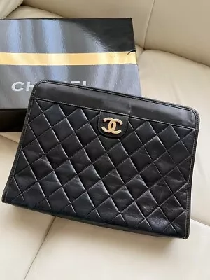 CHANEL Vintage Clutch Bag Matelasse Black Lambskin Leather Coco Mark Women's • $767.36