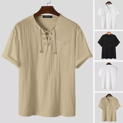 INCERUN Men Cotton Shirt Short Sleeve Lace Up Shirts Hippy Beach Blouse Shirts • $19.85