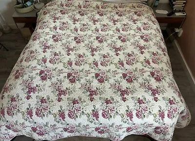 Laura Ashley Pink Rose Floral Cotton Coverlet Bedspread Double Quilt • £30.41