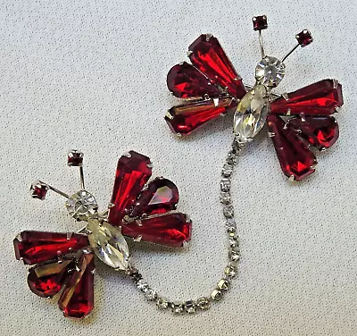 Vintage Double Butterfly Brooch KRAMER Signed Red Clear Crystal 182ka • $65.95