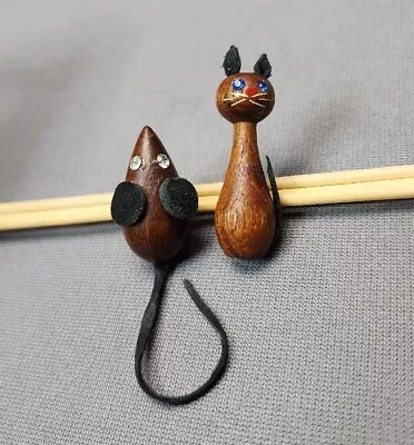 $24 • Buy Vintage Wooden Cat & Mouse Brooch Pins Rhinestones & Leather Retro MCM Jewelry