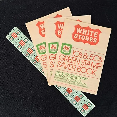 Vintage S&H Green Stamps 3 White Stores 10's And 50's Saver Books W Ten Stamps • $11