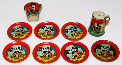 DISNEY 1930's  MICKEY'S HELPMATE  TIN LITHOGRAPHED 10 PIECE TEA SET-ORANGE VERS. • $59.99