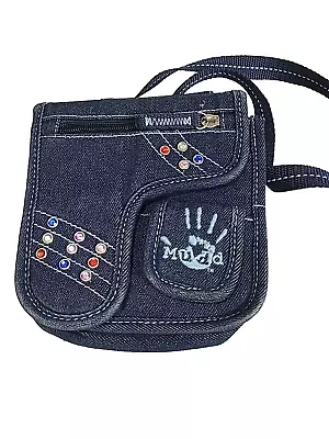 Vintage Y2K 90s Mudd Blue Denim Embellished Multiple Pockets Crossbody Bag Purse • $39.12