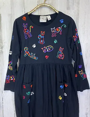 Vtg Michael Simon Lite Black Maxi Dress Embroidered Cats With Pockets Sz L • $35
