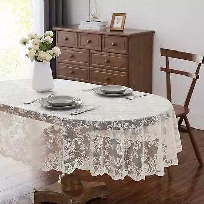 Ivory Oval Tablecloth For Rustic Vintage Decor. Sheer Lace Tablecloth Works G... • $25.13