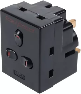 3 Way Triple Mains Switched Adapter Plug Neon Block Socket Splitter Surged Black • £10.99