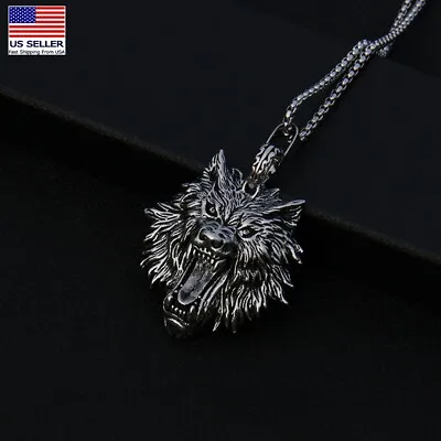 MEN Stainless Steel Casting Viking Celtic Roar Wolf Head Pendant Necklace 0215 • $9.99
