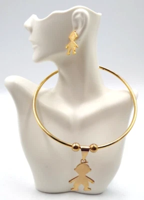 Vintage BEST Gold Tone Choker Necklace Little People Child Boy Girl + Earrings • $35