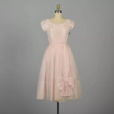 XS 1950s Dress Pink Party Bow Dress VTG 50s Cute Barbie Lace • $114