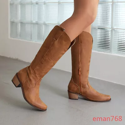 New Womens Cowgirl Cowboy Boots Mid Wide Calf Knee High Boots Western Shoes Size • $65.56