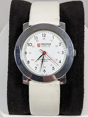 Prestige Medical White Dial Silver Tone Round Case White Leather Band Watch • $13.99