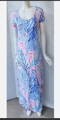 Lilly Pulitzer WYNNE MAXI DRESS Side Slits Stretch Crew Blue Pink Sz M NEW • $75