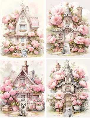 8 Pink Cat Kitten Kitty Vintage Victorian Cottage Houses Glossy Note Cards • $15.95