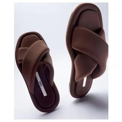 ZARA Women's Quilted Brown Sandals Flats Chocolate Puffy Slides Size 6.5 • $33.60