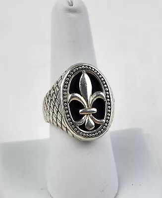 Sterling Silver Fleur De Lis Black Onyx Signet Ring Basket Weave 925 Size 8 • $89.99