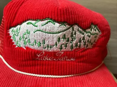 Vtg Corduroy Lake Tahoe Hat Cap SnapBack Red Rope Trucker Nevada Ski Snowboard • $29.95