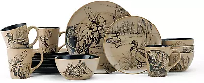 16 Pcs Round Dinnerware Set Stoneware Dishes Plate Bowl Cup Wildlife Cabin Lodge • $114.97